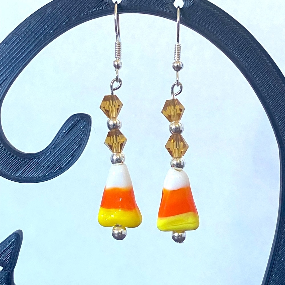 Hand Crafted Cute Candy Corn Lampwork Beaded Earrings - Picture 2 of 2